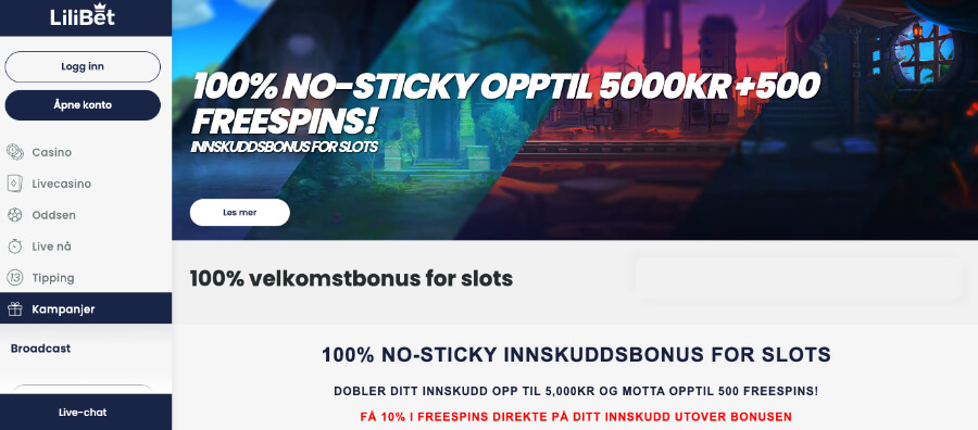 LiliBet har en herlig no sticky-bonus med opptil 500 free spins til alle nye spillere