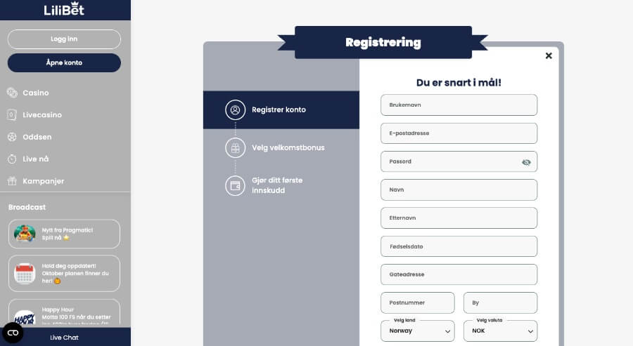 Registrering av en spillekonto hos LiliBet