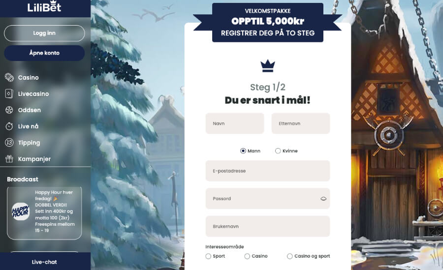 Registrering av en spillekonto hos kryptocasinoet LiliBet