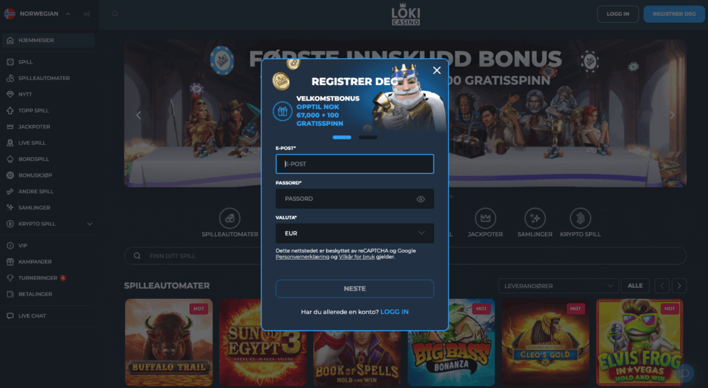 Registrering av en spillekonto hos Loki Casino