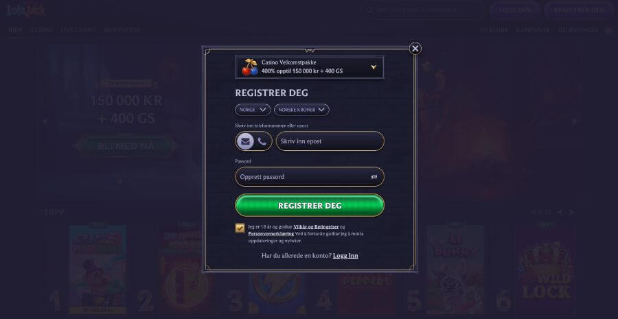 Registrering hos kryptocasinoet LolaJack