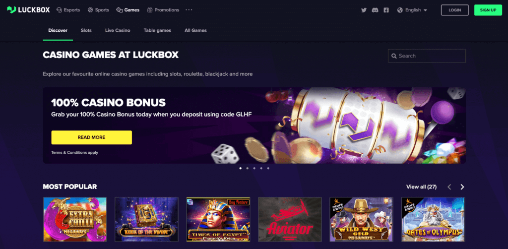Forsiden av casinosiden til nettcasinoet Luckbox