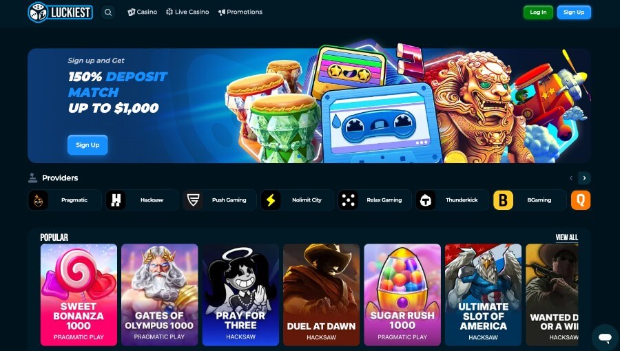 Forsiden til kryptocasinoet Luckiest med en velkomstbonus