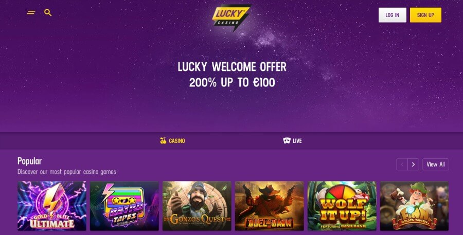 Lucky Casino forside med bonus