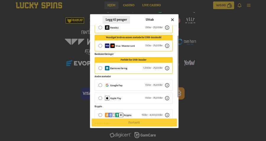Noen betalingsmetoder hos Lucky Spins