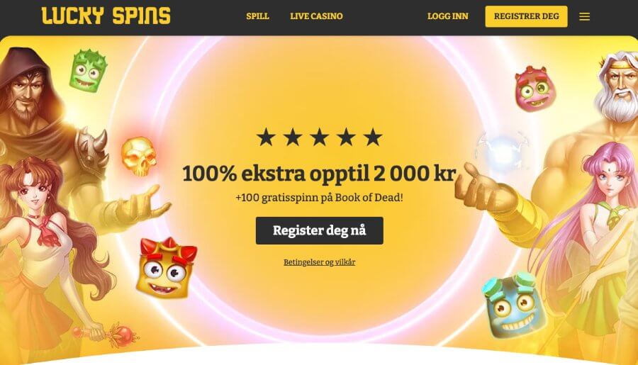 Forsiden til kryptocasinoet Lucky Spins med bonus og 100 free spins på Book of Dead