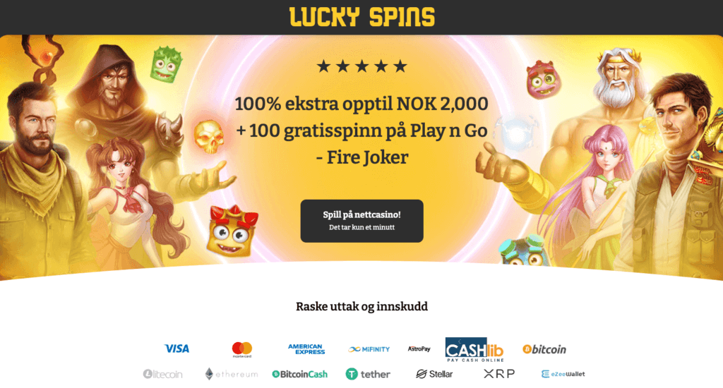 Forsiden til kryptocasinoet Lucky Spins med 100 eksklusive free spins etter registrering