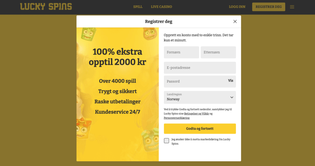 Registrering av spillekonto hos Lucky Spins