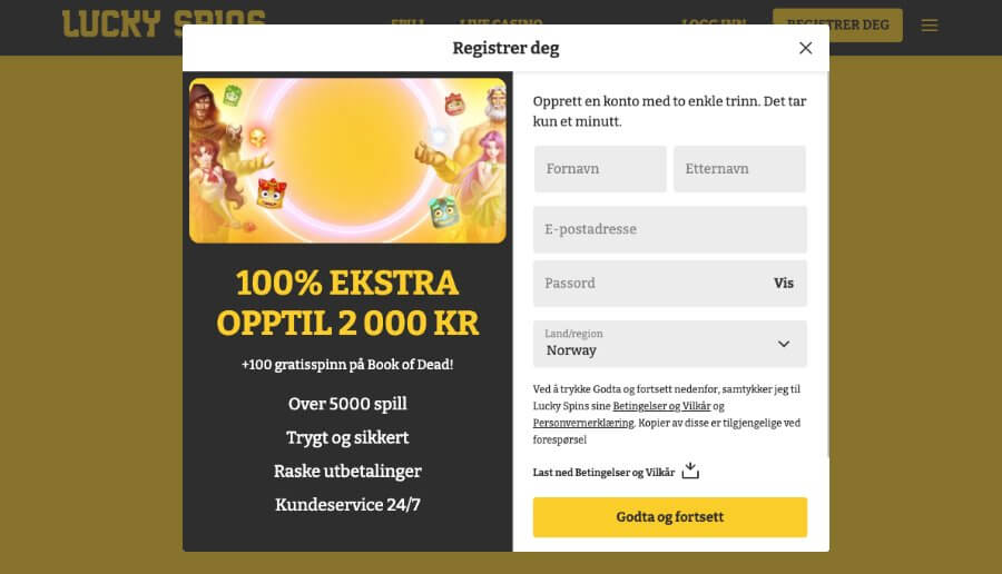 Registrering av en spillekonto hos kryptocasinoet Lucky Spins med en bonus og 100 free spins på Book of Dead