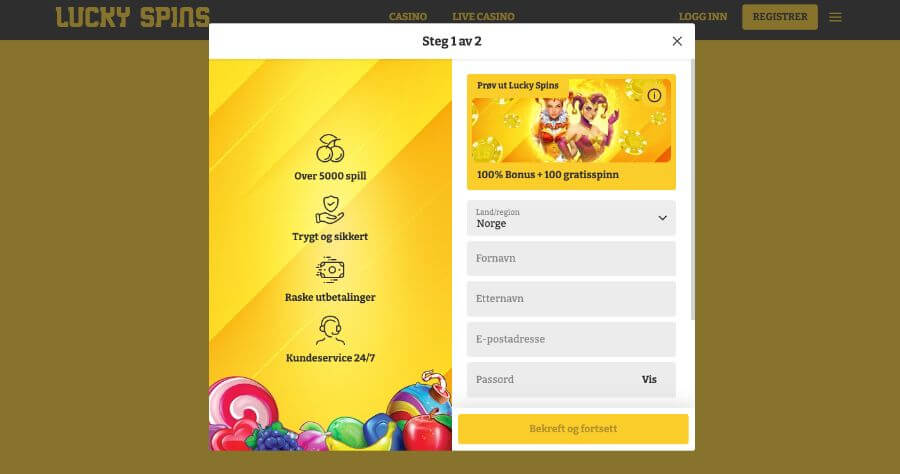 Registrering hos kryptocasinoet Lucky Spins