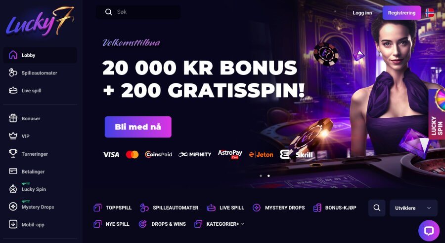 Forsiden til kryptocasinoet Lucky7even