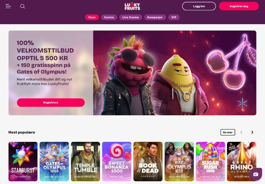 LuckyFruits forside med bonus