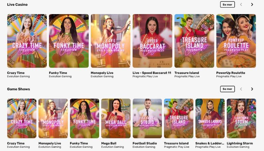 LuckyFruits har et live casino med klassiske bordspill og live game show-spill