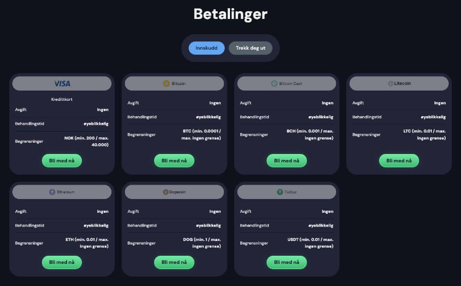 Eksempler på noen betalingsmetoder hos LuckyWins