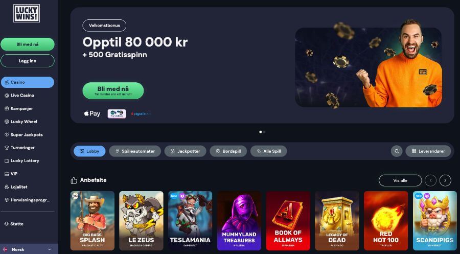 LuckyWins forside og bonus
