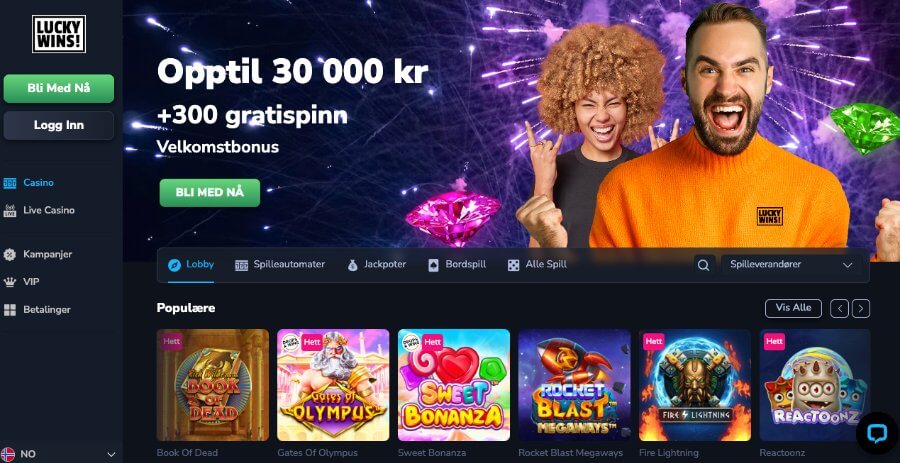 Forsiden til kryptocasinoet LuckyWins