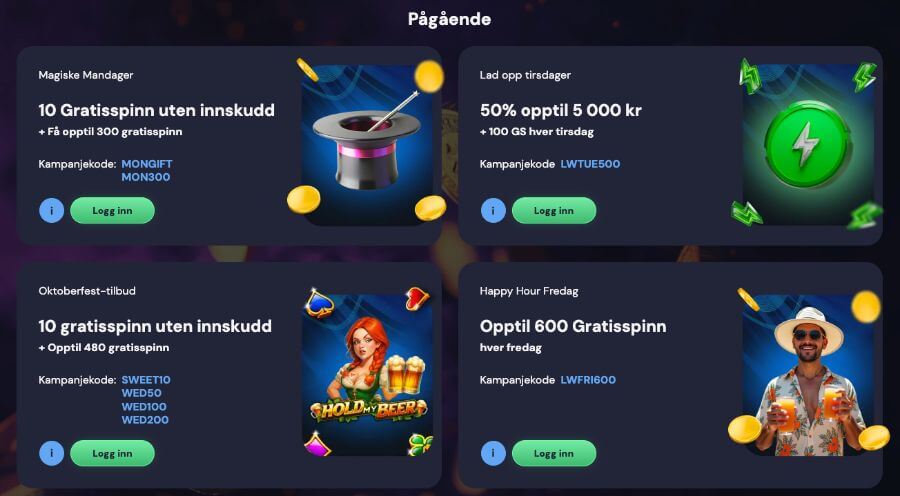 Noen tilbud på kampanjesiden til LuckyWins