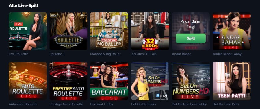 LuckyWins tilbyr et live casino med klassiske bordspill og game show-spill