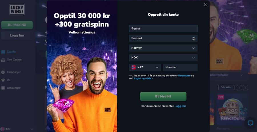 Registrering av en spillekonto hos LuckyWins