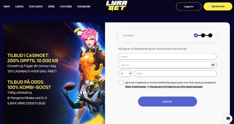 Det er raskt og enkelt å registrere en spillekonto hos Lyrabet