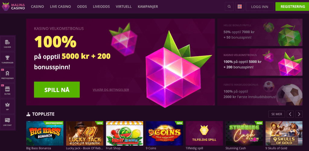 Forsiden til nettcasinoet Malina Casino