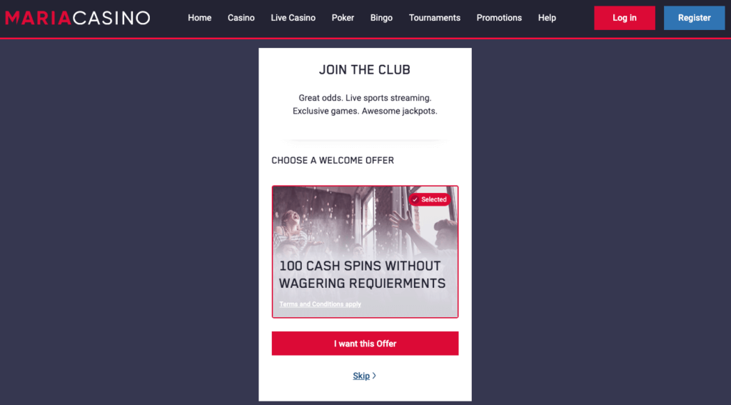 Registrering av en spillekonto hos Maria Casino