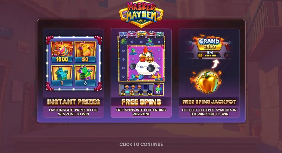 Introbilde på spilleautomaten Masked Mayhem fra Push Gaming