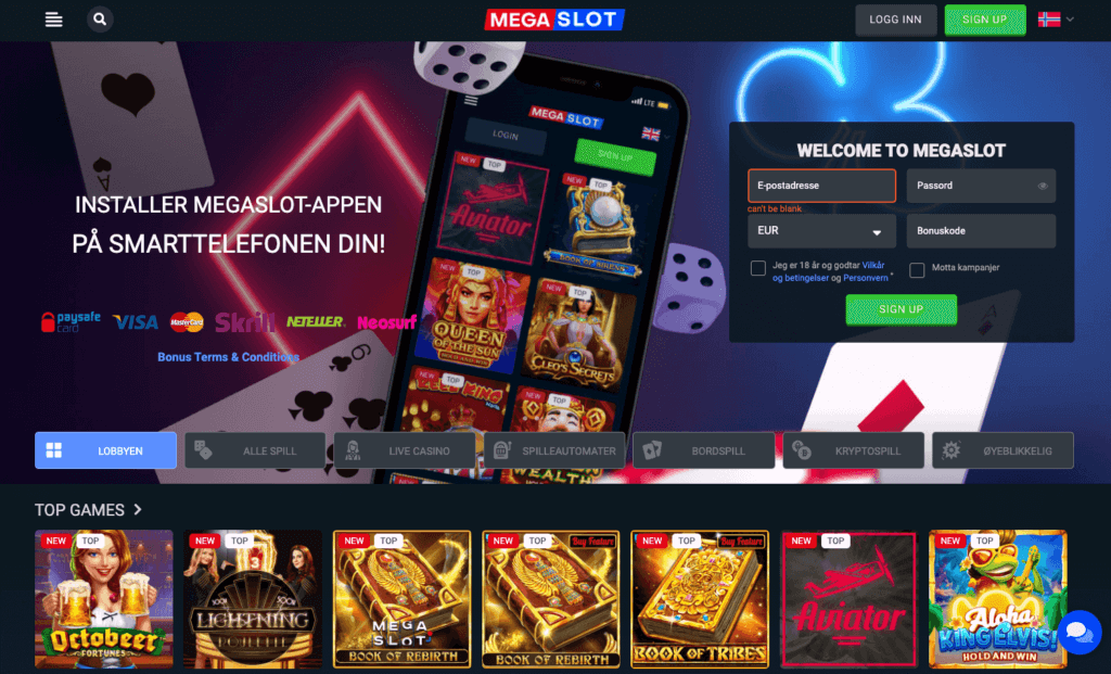 Forsiden til kryptocasinoet Megaslot