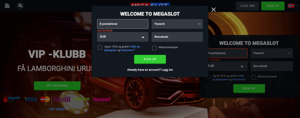 Registrering av en spillekonto hos Megaslot