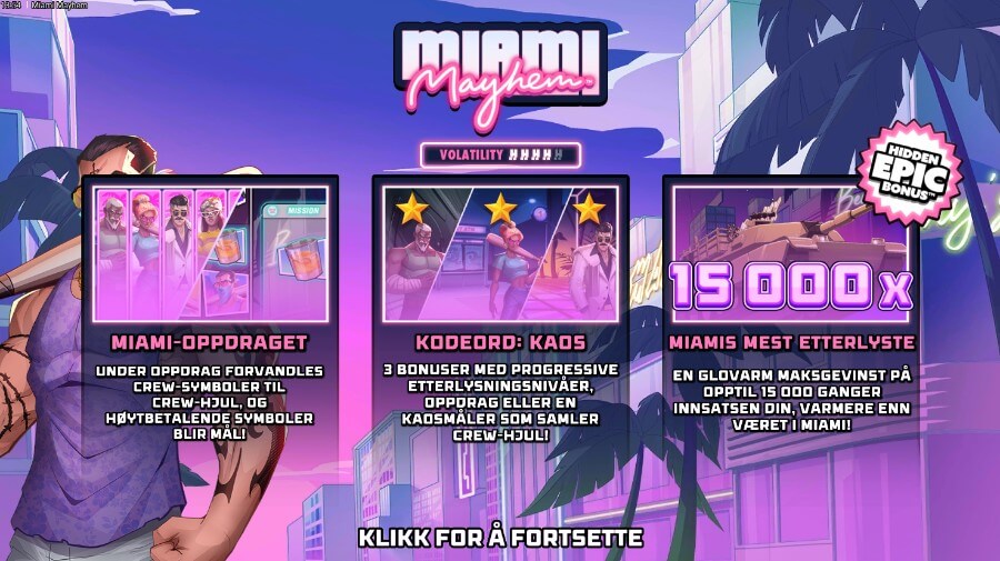 Introbilde på spilleautomaten Miami Mayhem fra Hacksaw Gaming