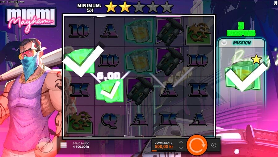 Et fullført oppdrag på spilleautomaten Miami Mayhem