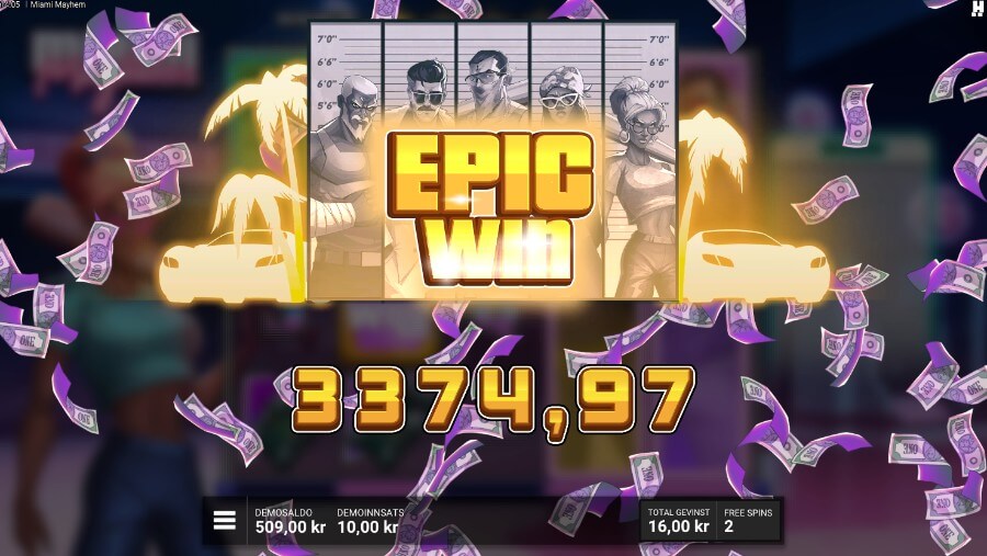 En episk storgevinst på spilleautomaten Miami Mayhem