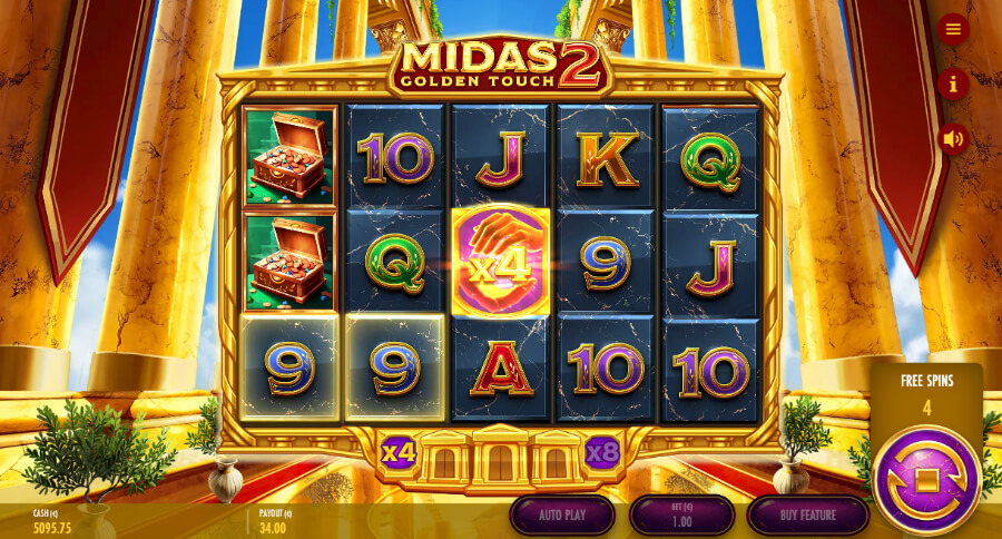 Free spins-runden på Midas Golden Touch 2 kan bli veldig spennende med multiplikatorer