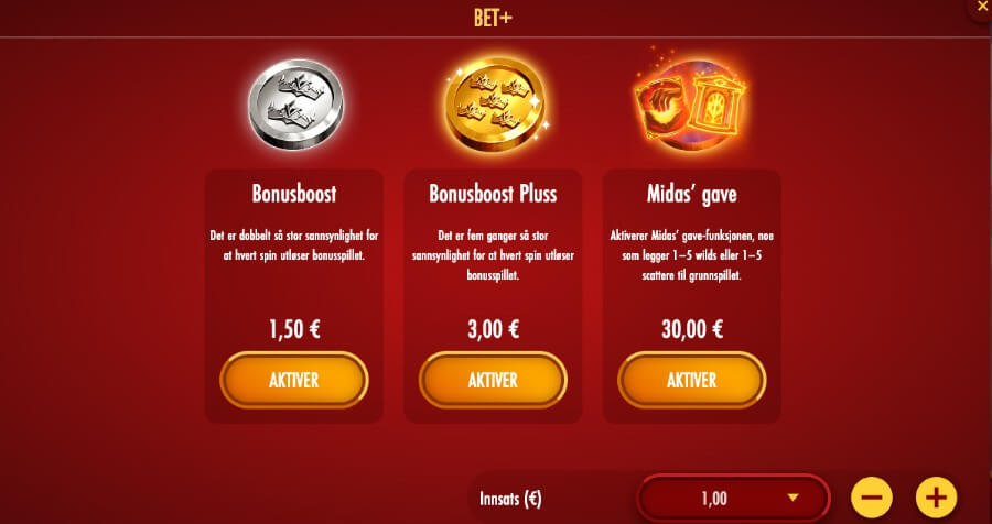 Funksjoner som kan kjøpes på spilleautomaten Midas Golden Touch 3