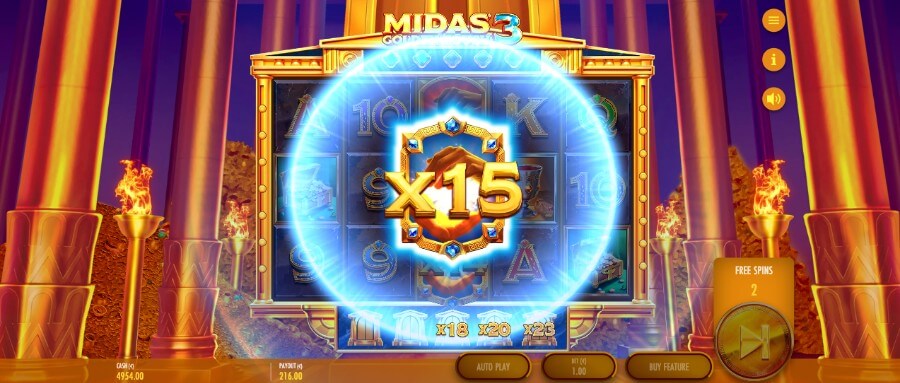 Respinn og økende multiplikatorer på spilleautomaten Midas Golden Touch 3