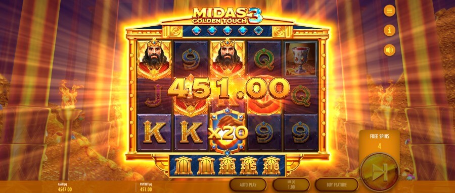 Progressive multiplikatorer og respinn kan gi en storgevinst på spilleautomaten Midas Golden Touch 3