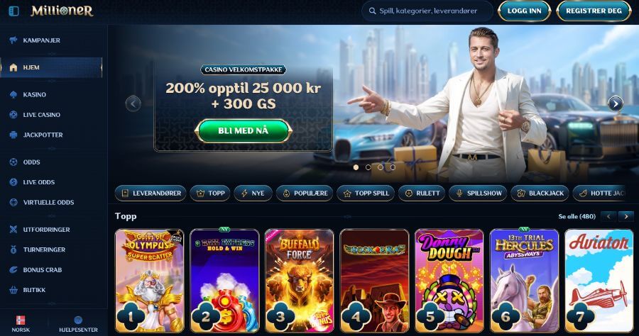 Forside og bonus hos kryptocasinoet Millioner