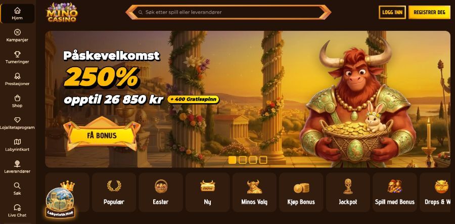 Mino Casino forside med bonus