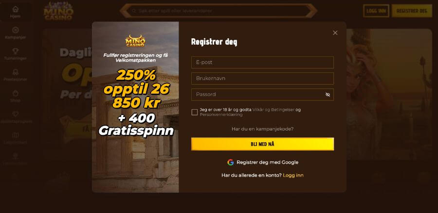 Registrering hos Mino Casino