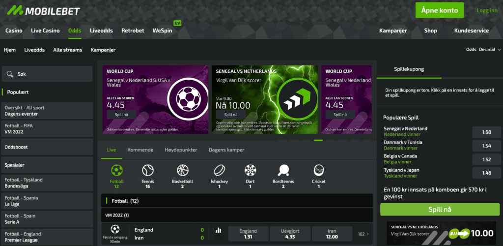 Oddsside hos Mobilebet Mobilebet oddsside