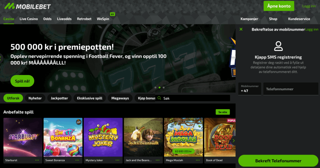 Registrering hos nettcasinoet Mobilebet Mobilebet tilbyr ekspress-registrering med SMS