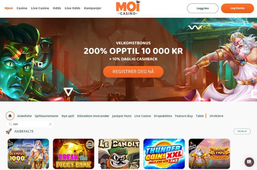 MoiCasino forside med bonus