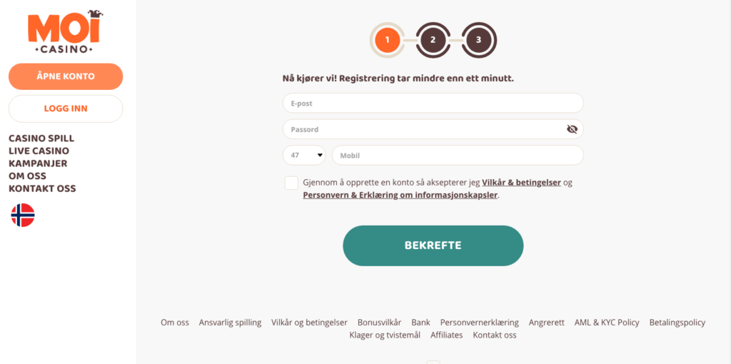 Registrering hos MoiCasino MoiCasino registrering