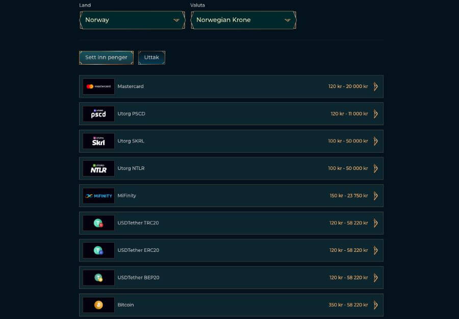 Noen betalingsmetoder hos Monsterwin