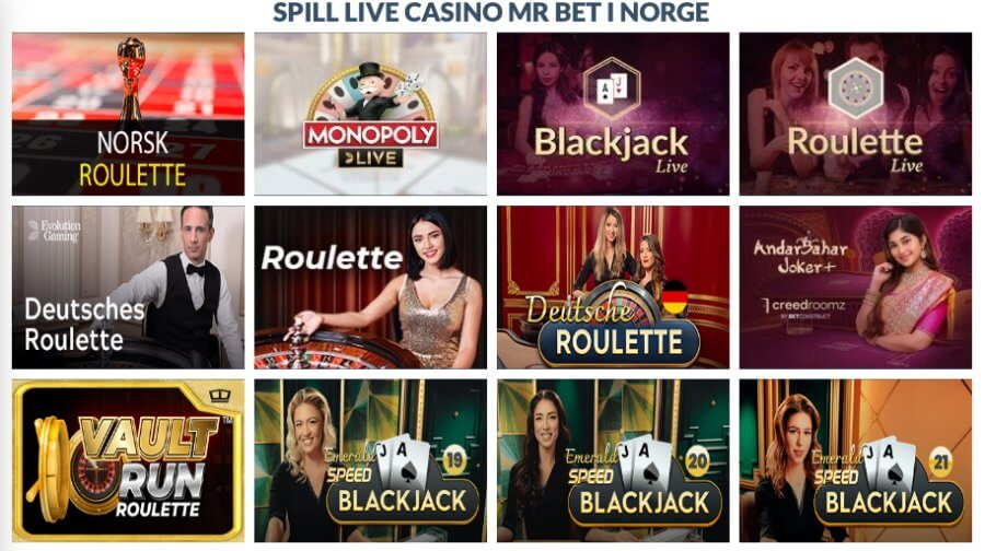 Mr Bet tilbyr et godt utvalg av bordspill og game show-spill i sitt live casino