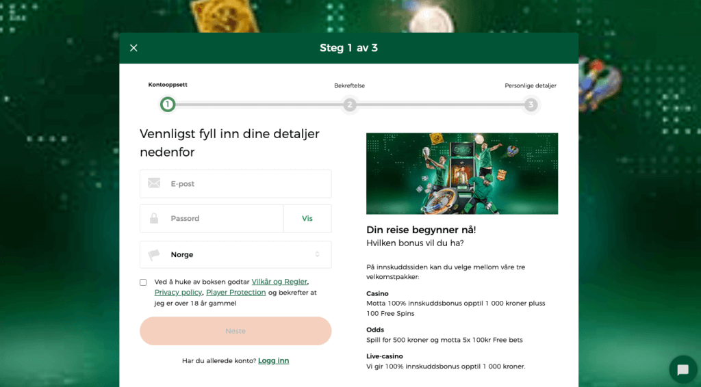Registrering av en spillekonto hos Mr Green