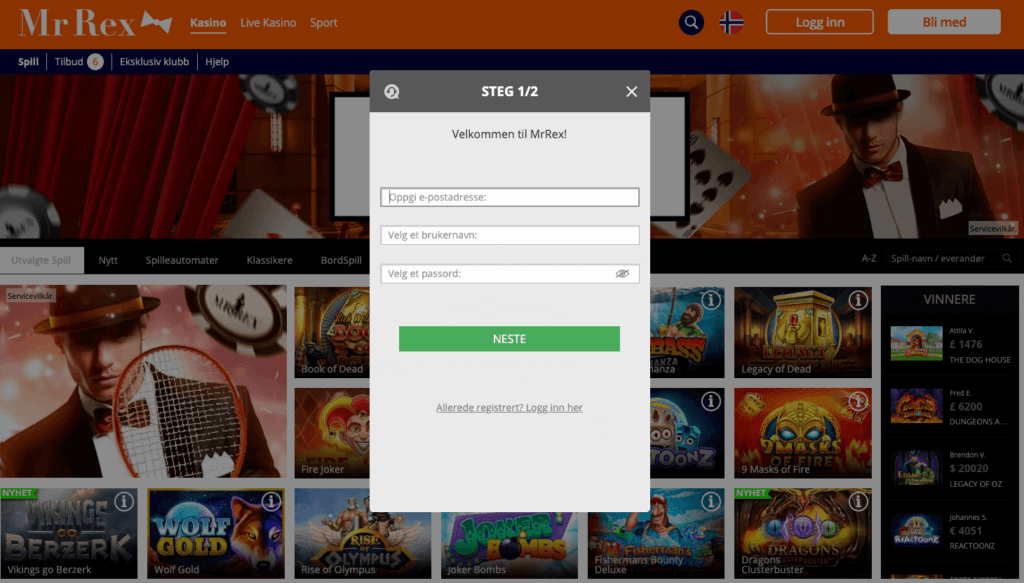 Registrering av en spillekonto hos Mr Rex
