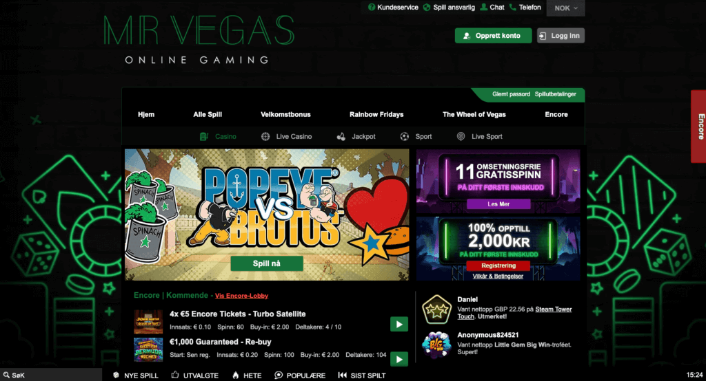Forsiden til nettcasinoet Mr Vegas