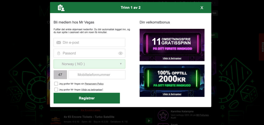 Registrering av en spillekonto hos Mr Vegas