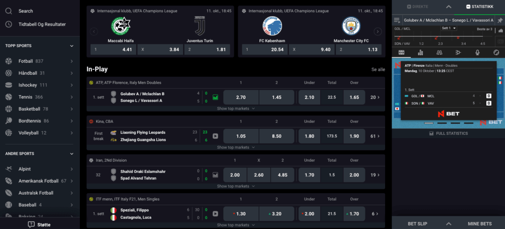 N1 Bet har også en sportsbook med odds på sport og esport